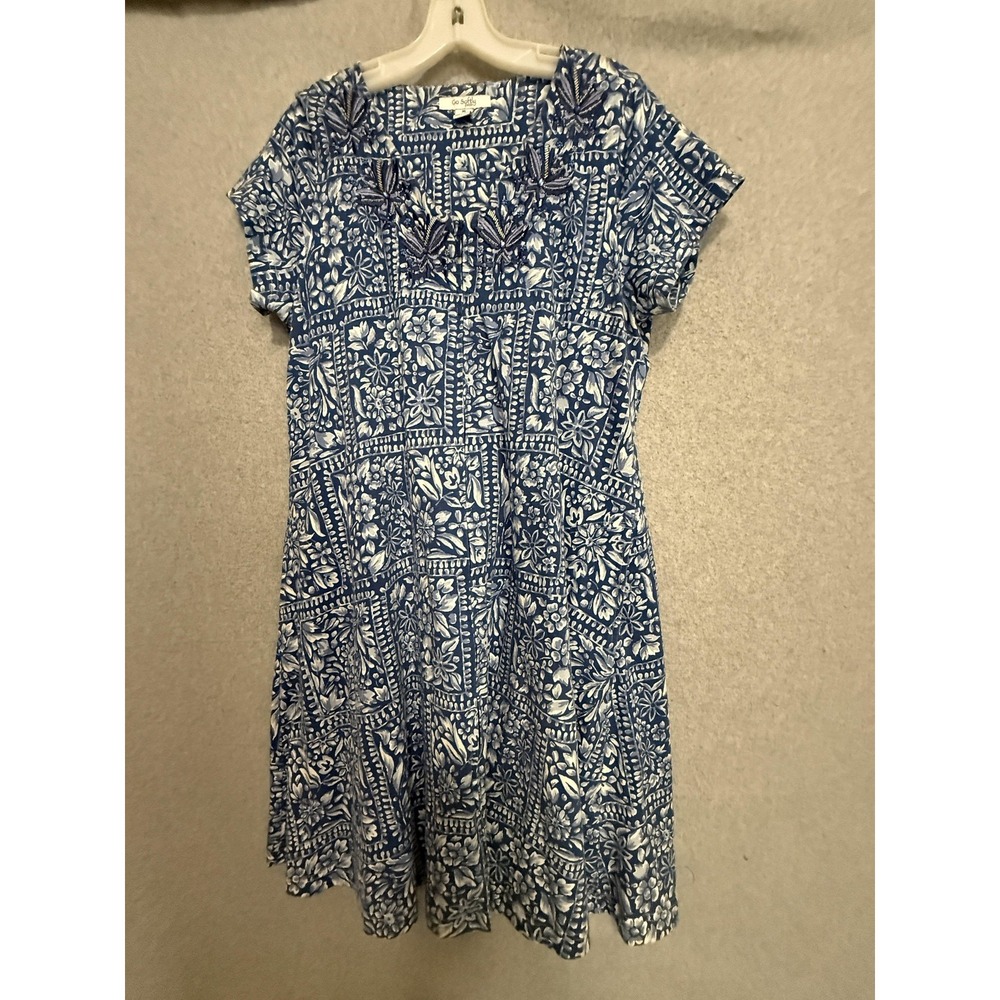 Go Softly Dress Womens M Blue Floral Embroidered V Neck Patio Zip Pockets A Line